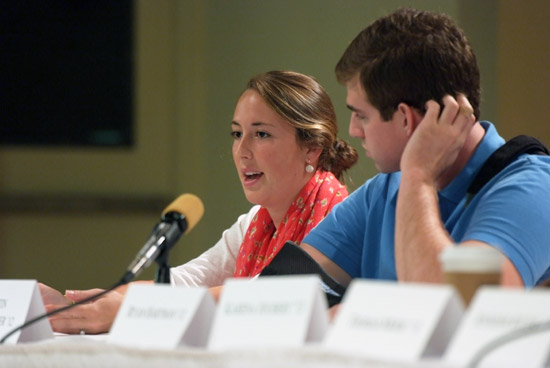 Christina Benedetti ’12 speaks to Five-Star Generals during the student life panel presentation.